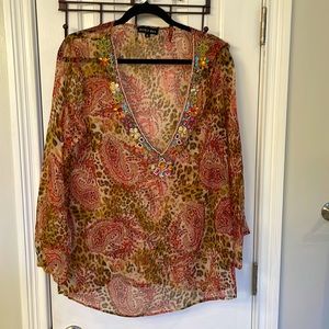 Nicole Max Vintage Sheer Multicolor & Leopard Print Embellished Bell Sleeve Top